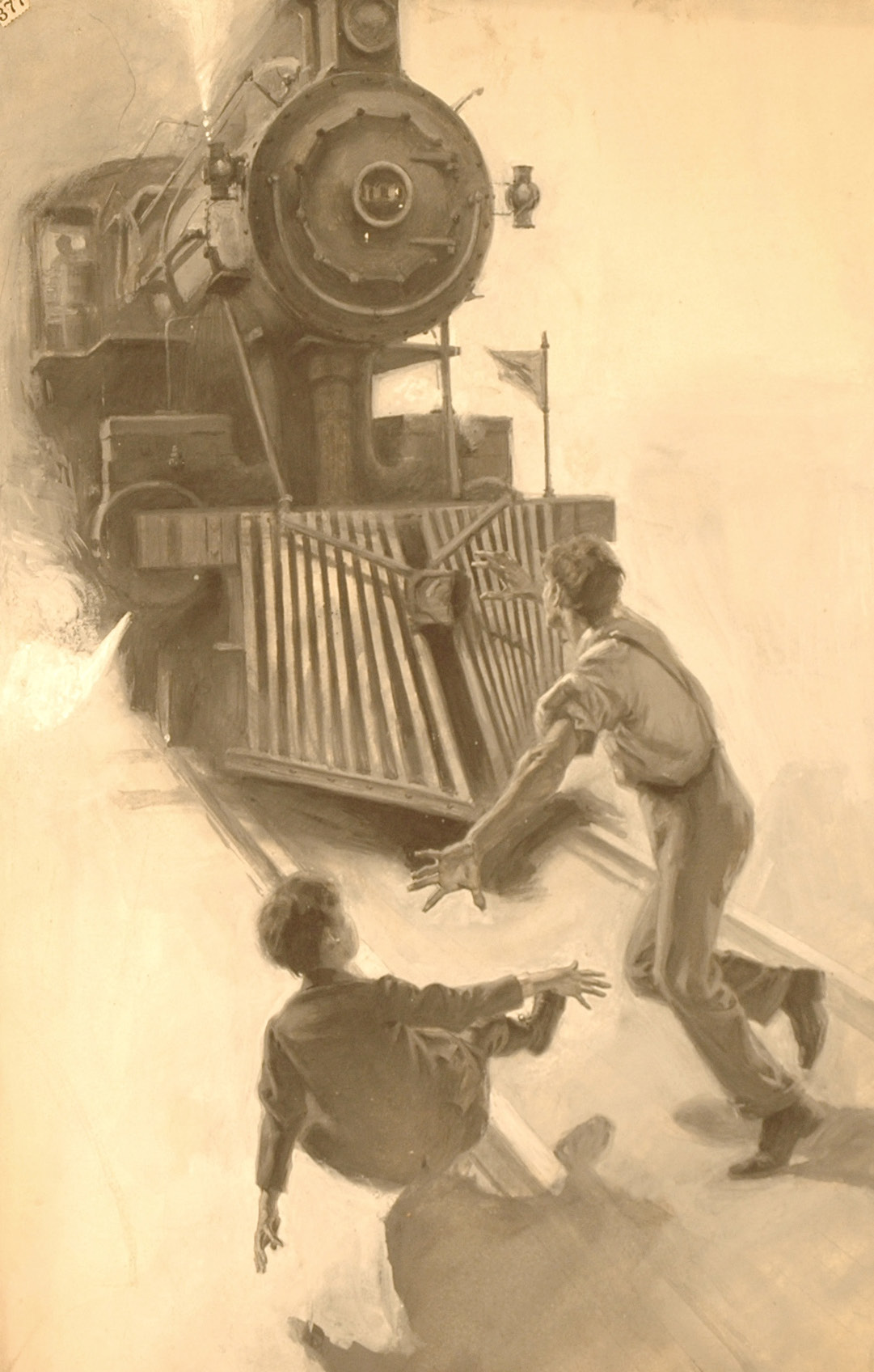 Jay Hambidge, “McTamany jumped in front of the locomotive,” Illustration for The Century Magazine, Norman Rockwell Museum, oil on board, 1899.