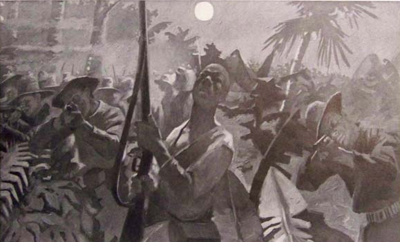 Jay Hambidge, “Insurgents attacking American troops on the night of february 4, during the Spanish American War,” postcard, 1898.